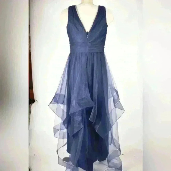 CHI CHI LONDON Navy Asymmetrical Poly Tule Mesh Brides  Plunge Dress 8US Medium - Picture 4 of 9